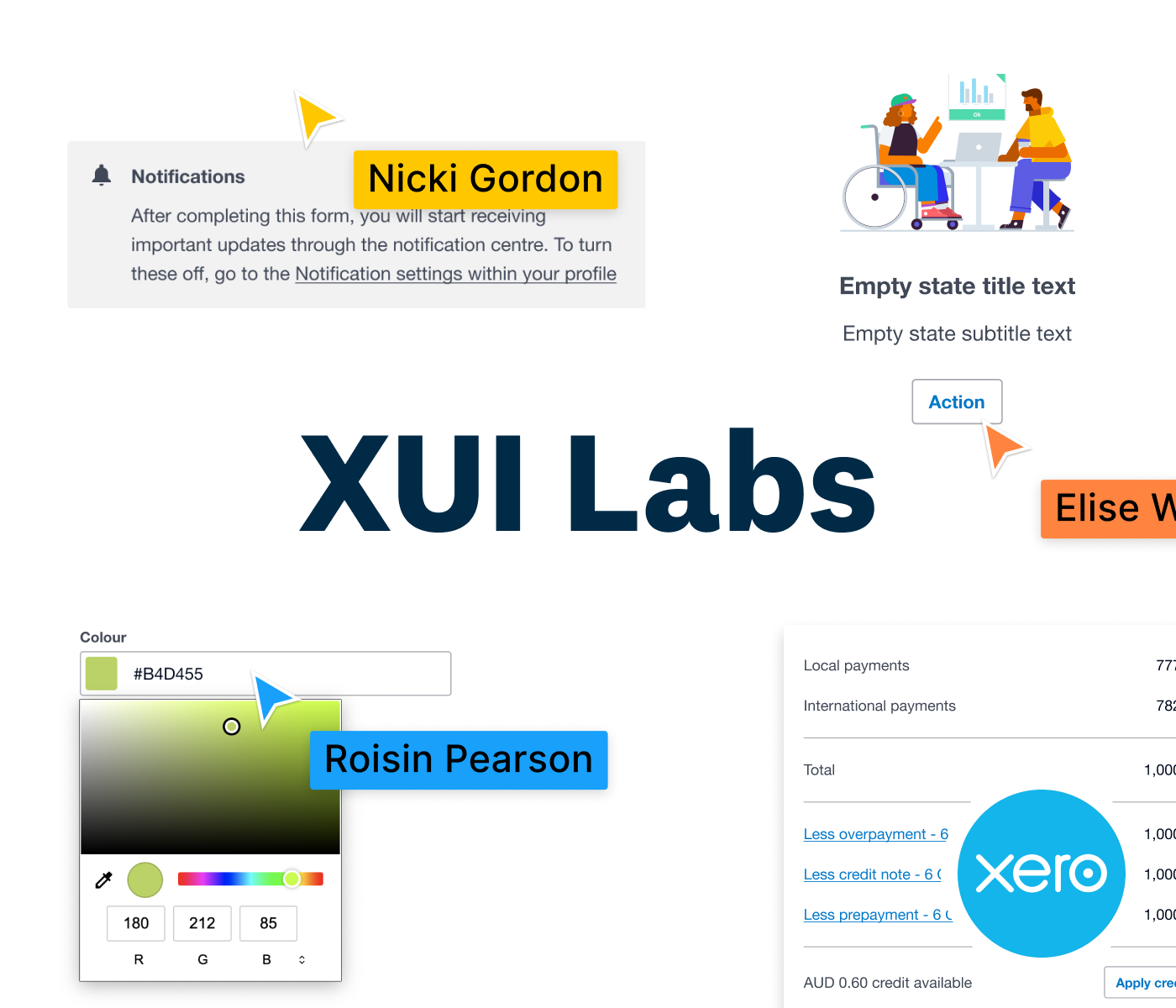 An image showing visual examples of contributed XUI Labs components with multiplayer Figma cursors to indicate collaboration as well as a Xero logo in the corner