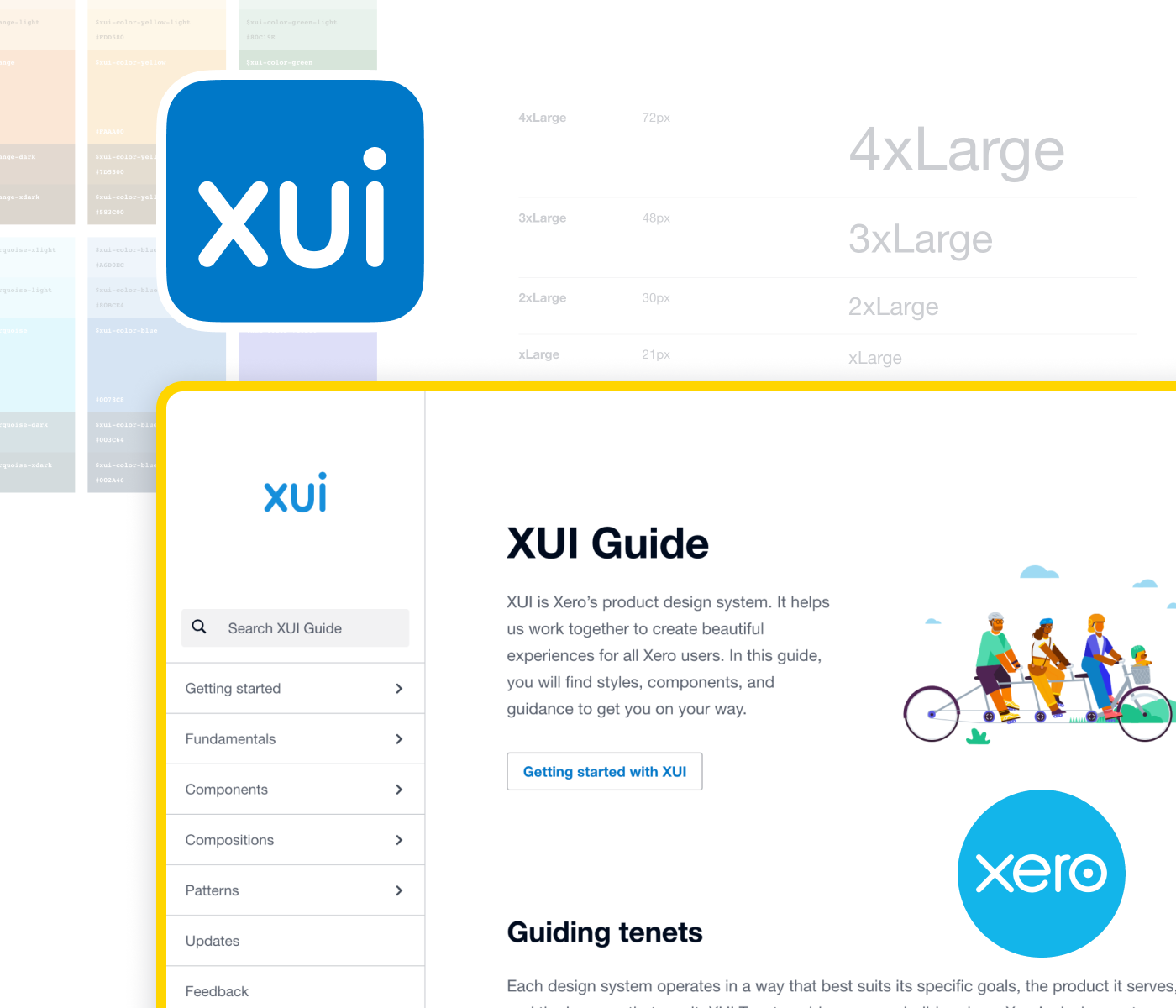 An image of the Xero design system documentation as well as both the XUI and Xero logos